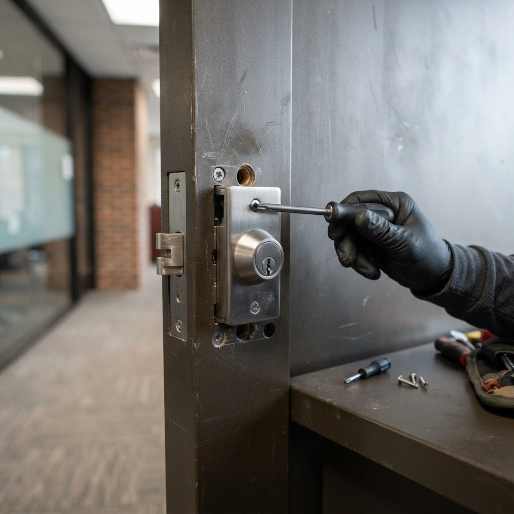 High-security commercial deadbolt with restricted keyway installed on a business door