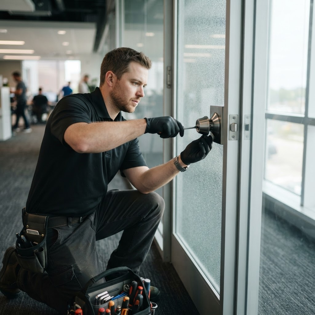 Locksmith installing a new commercial lock on an office entrance door