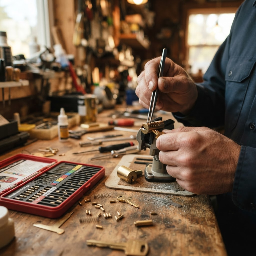 Locksmith rekeying a commercial lock cylinder at a workbench