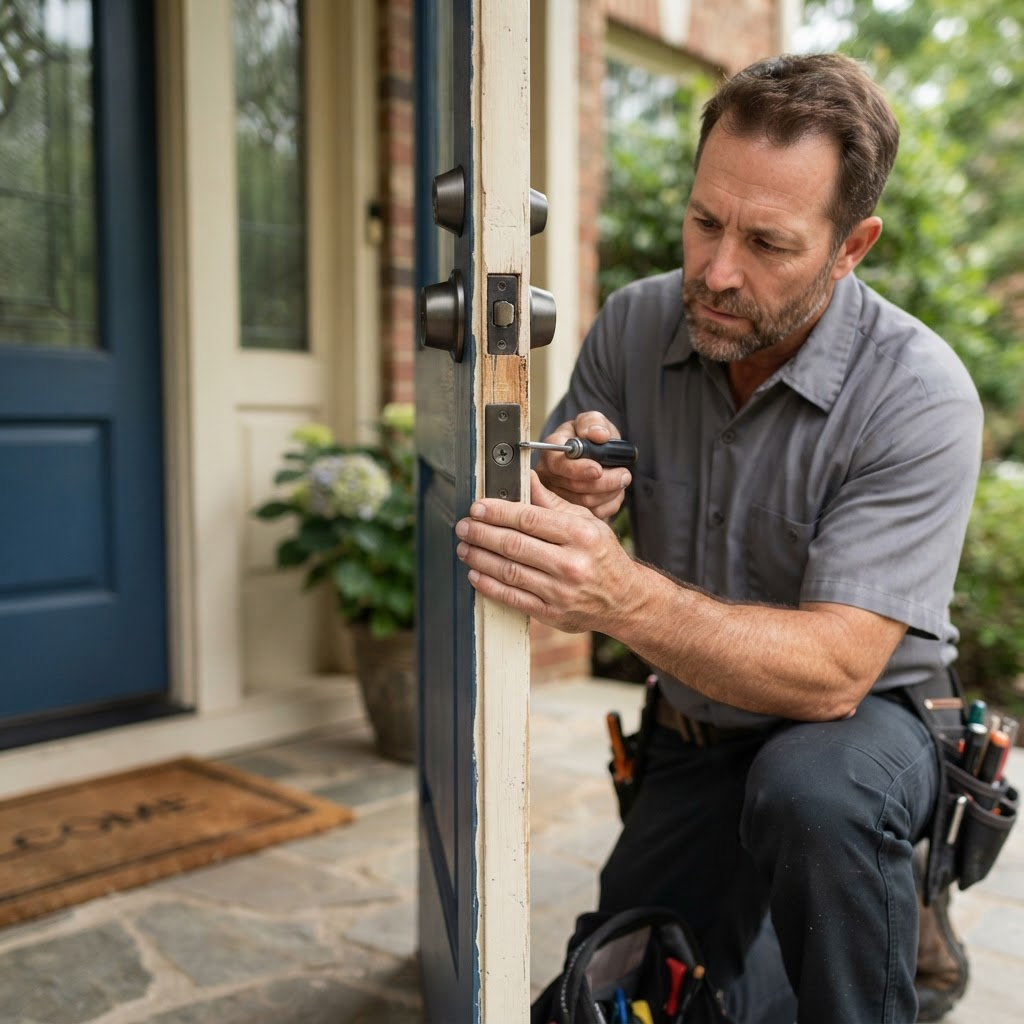 Locksmith repairing a residential front-door deadbolt and latch