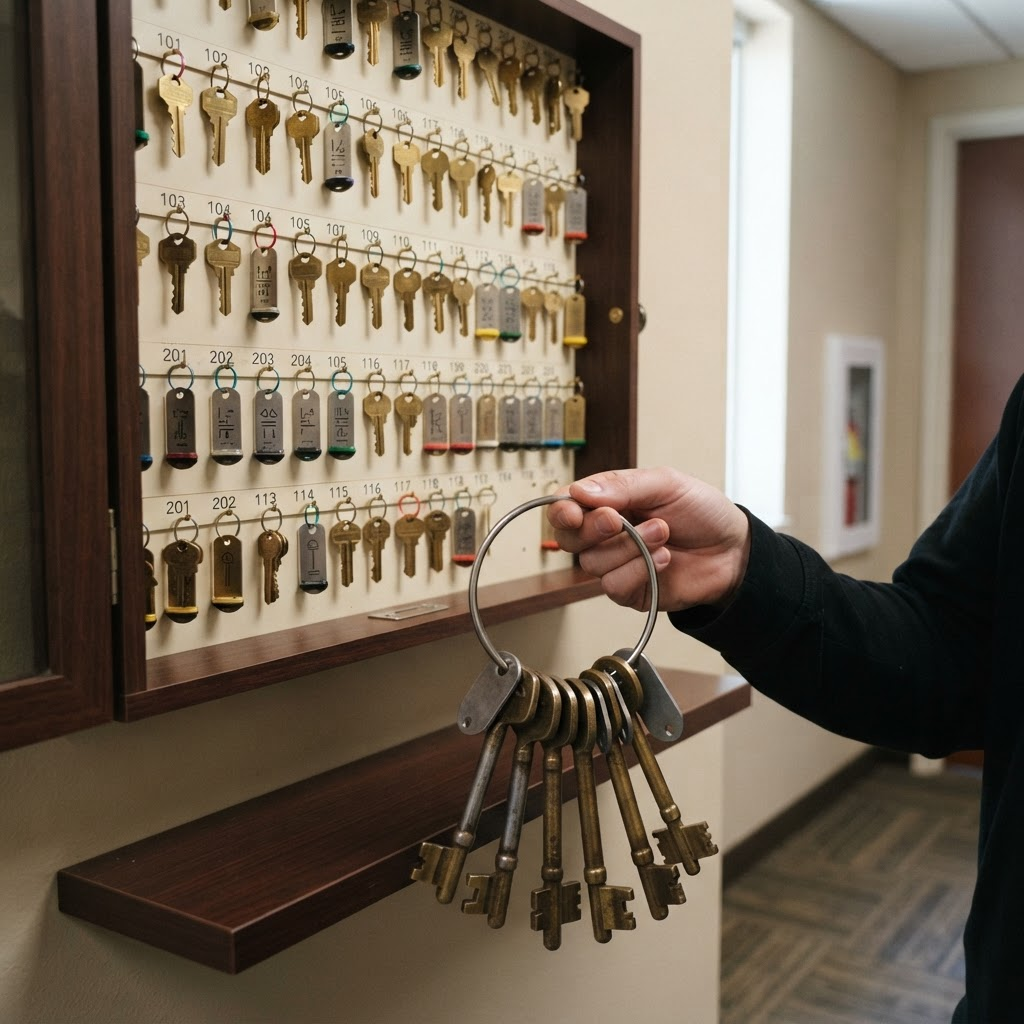 Organized set of labeled brass keys and master keys for a commercial property