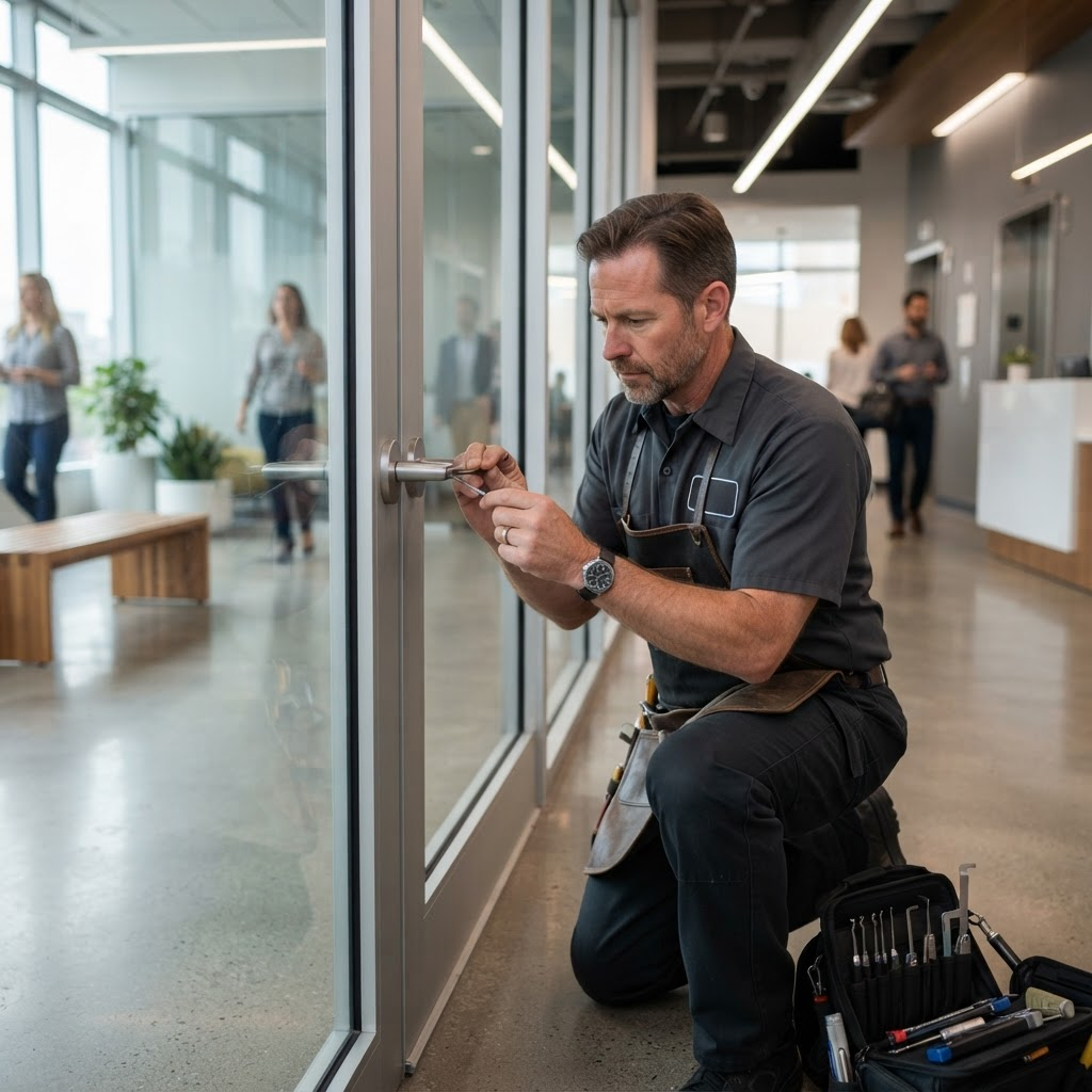 Locksmith unlocking a commercial office suite door