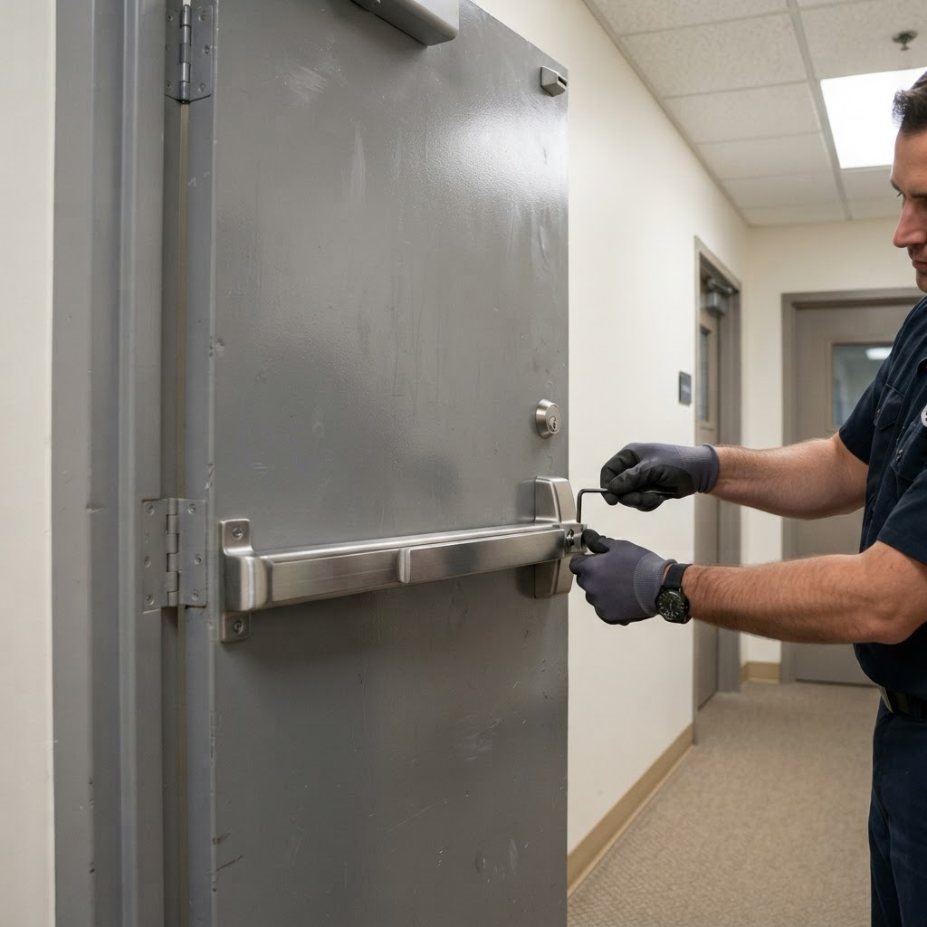 Technician servicing a commercial panic bar exit device on a metal door