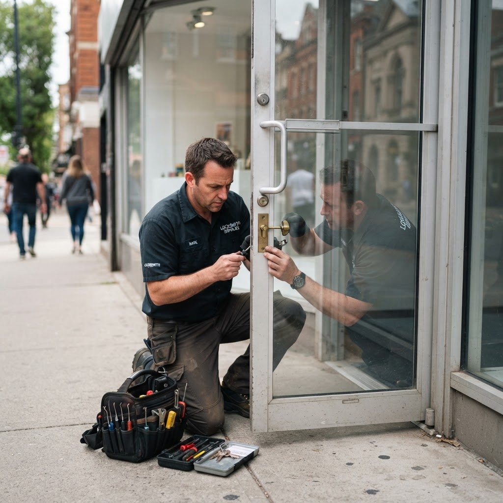Locksmith repairing a storefront glass-door mortise cylinder